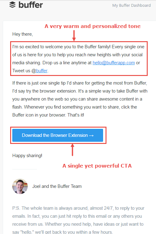 This image is a snapshot of the welcome email sent by Buffer.