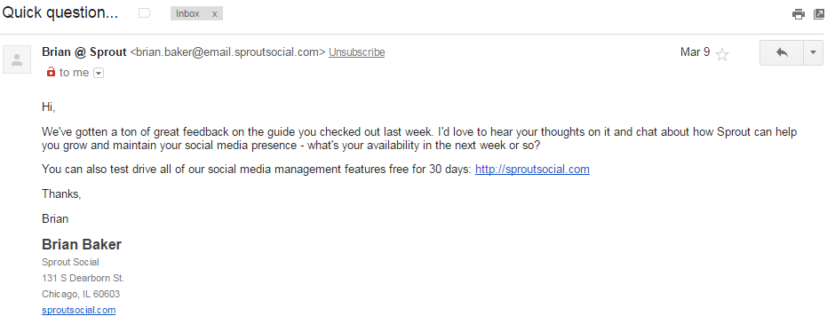 This is a feedback email requesting for a call sent by Sproutsocial.